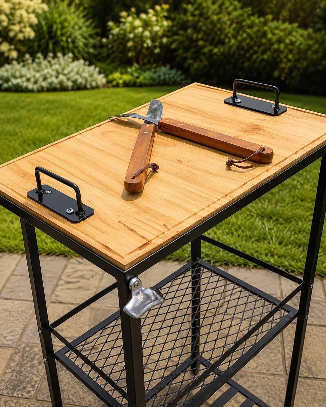 Detalle superior de la mesa con tabla de madera y utensilios