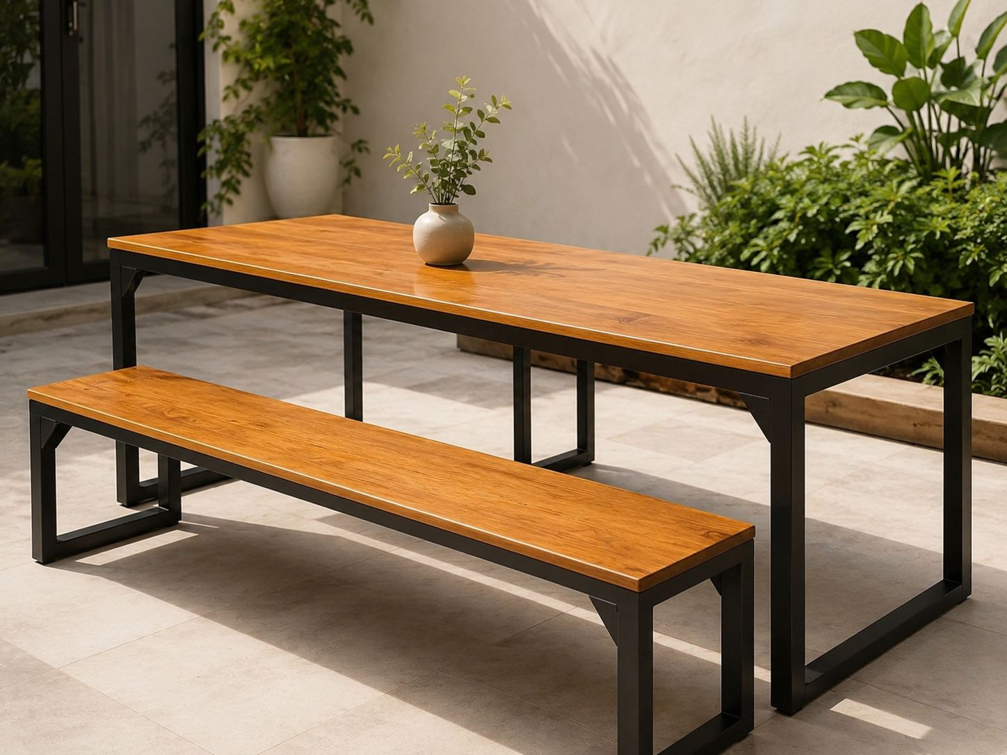 Mesa con banco de hierro y madera para exterior y quincho