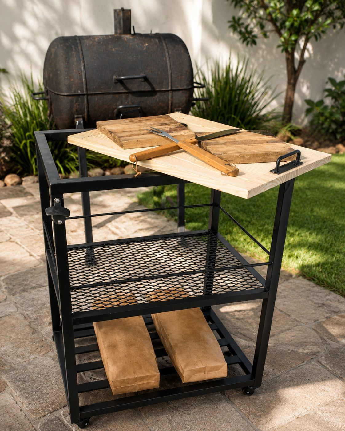 Mesa auxiliar para asado con tablas, cuchillos y bolsas de carbón